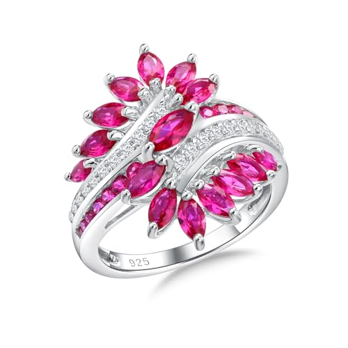 AGRULE Leaf Engagement Ring 925 Sterling Silver Wide Band 3.2 Cttw Gemstone Cocktail Rings Size 7 Ruby Birthstone Ring for Women