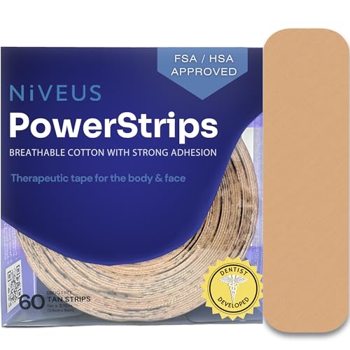 Niveus PowerStrips - Dentist Developed Latex-Free Therapeutic Tape with Strong Adhesion and Breathable Cotton – Gentle Skin Tape for Comfort & Support - for Men and Women (Tan, 60 Strips)