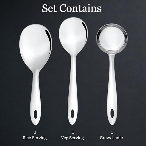 Image of Montavo by FnS 3 Pieces Stainless Steel Serving Tools Set | 1 Rice Spoon, 1 Soup Ladle (Karchi) & 1 Veg Serving Spoon | Premium Serving Utensils for Home, Kitchen, Dining, Restaurant & Hotel