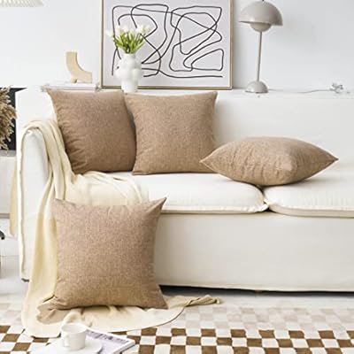 Home Brilliant Burlap Pillow Covers Set of 4 Lined Linen Square Throw Pillow Case Cushion Covers for Sofa Couch Bench Living Room Holiday Decor, 18x18 inch, Natural Linen, Set of 4