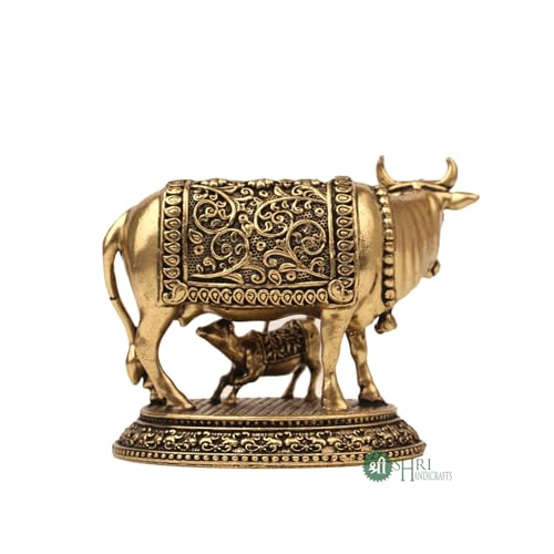Image of INDICAST Handcrafted Brass Cow with Calf for Good Luck | 2 inch Kamdhenu Gau MATA Idol Spiritual Vastu Nandi Pooja Figurine Sculpture for Home and Office (Weight- 110gm)