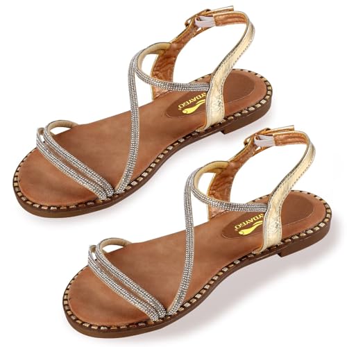 Women's Sparkle Rhinestone Flat Sandals with Back Elastic Ankle Strap, Comfortable Memory Foam Slip On Open Toe Shoes for Dressy or Everyday Summer Wear, Glitter Bling and for Work, Beach, Strappy Wedding Sandals