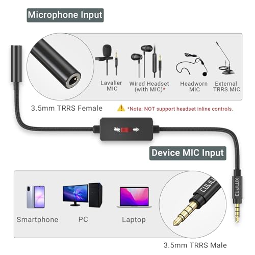 Cubilux Adaptador con interruptor de silencio para micrófono 3.5mm TRRS miniatura 4