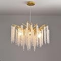 Puvaue Tree Branches Chandeliers Luxury Round Raindrop Crystal Pendant Light Fixture 8 Light Tassel Ceiling Hanging Light for Dining Room Bedroom Living Room Entryway 23.7" Gold