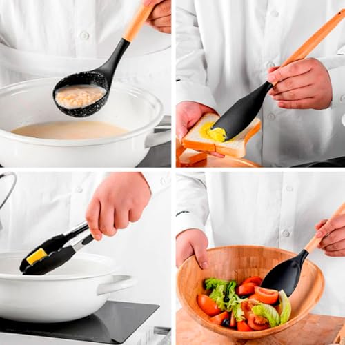 Kit 12 Utensílios de Cozinha em Silicone Antiaderente e Cabo de Madeira Resistentes ao Calor Premium