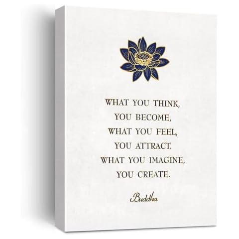 heshengzaixian What You Think You Become Buddha Quote Canvas Wall Art Painting, BLue Lotus Flower Buddhism Zen MeditationPrint Poster for Yoga Studio Therapy Buddha Room, Read to Hang Framed 12x15 In Cover