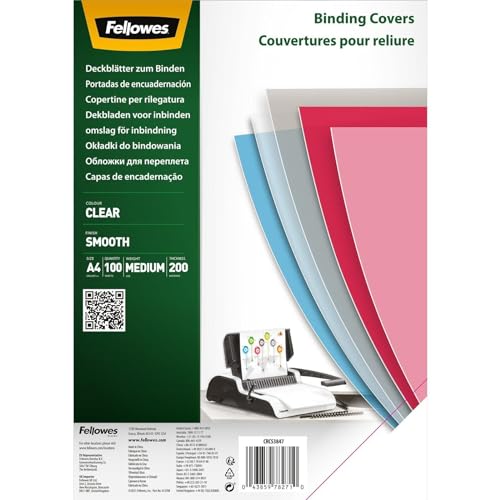 Couvertures de reliure transparentes A4 Fellowes en plastique PET rigide 200 microns x100