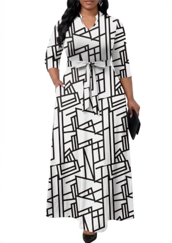Image of FANDEE Women's Maxi Dresses V Neck 3 /4 Sleeve Long Dress with Pockets