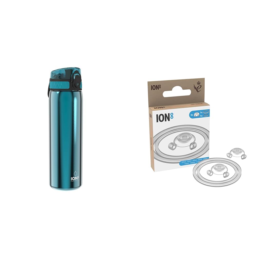 ion8 Stahl-Trinkflasche, 600 ml, Auslaufsicher, Einhandöffnung, Sichere Verriegelung & Ersatz Dichtungen für Auslaufsichere Trinkflaschen (3 Sätze), Transparent, Einheitsgröße