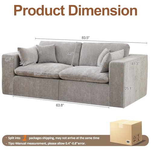 Image of 83''Cloud Boneless Sectional Couch, Modular Sectional Sofa Deep Seat, Upholstered Convertible Comfy Loveseat Chenille Memory Foam Sofa Couches for Living Room, Light Grey