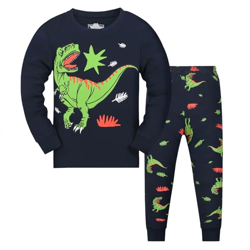 Gumyoss Pijamas para Niño Dinosaurio Azul Marino Manga Larga Algodón Invierno Navidad Ropa de Dormir 5 años
