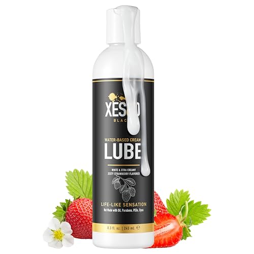 XESSO Water Based Creamy Lube Zesty Strawberry Flavored 8.3 Fl Oz Thick White Gel-Like Slippery Glide Without Parabens pH-Balanced Sugar-Free for Women Men & Couples. Discreet Packaging