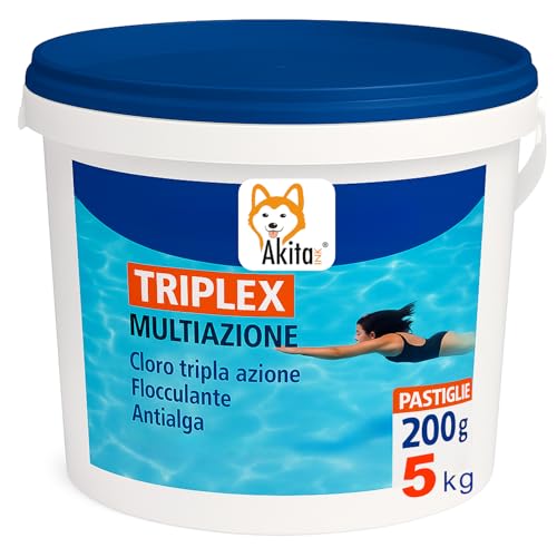 Akitaink Triplex Multiazione Pastiglie Cloro 3 in 1 per Piscina | Azione Lenta | Disinfettante, Antialghe e Flocculante | Secchio da 5 KG