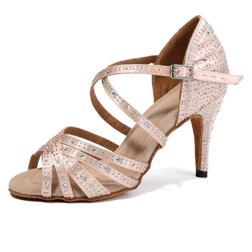 SWDZM Women's Rhinestone Dance Shoes Ballroom Latin Salsa Performance Practice Dancing Shoes