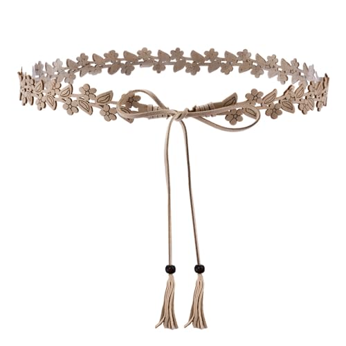Tassel Floral Thin Waist Belt With Wood Beaded Hollowed Out Flower Suede Leather Belt for Dresses Skirts Jeans Bohemian Beaded Fringe Tie Belt for Women Ladies