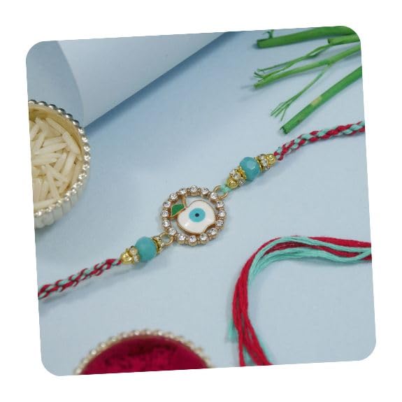 Image of I Jewels Enamel Evil Eye Apple Design Rakhi With Roli Chawal & Rakshabandhan Card for Bro /Brother /Bhai (R366)