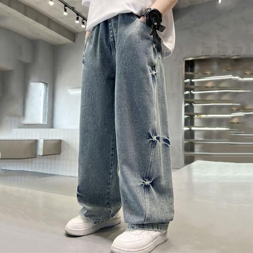 Tween Boys Blue Baggy Jeans Straight Wide Leg Casual Elastic Waist Loose Fit Denim Pants Y2K Streetwear with Pockets3