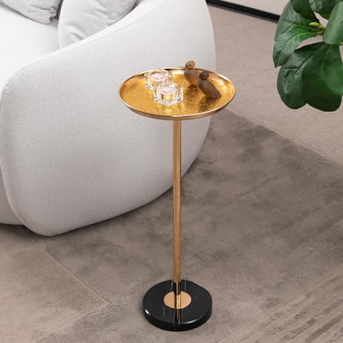SSC SATISUNCASA Mesa de bebida de 24.5 pulgadas, mesa de pedestal de mármol, mesa auxiliar redonda de metal para sala de estar, oficina, dormitorio, 2 alturas ajustables + tapete inferior