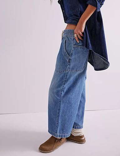 Zontroldy Women's Drawstring Mid Waisted Wide Leg Jeans Loose Fit Straight Leg Denim Pants with Pockets(1476-Navy-M)2