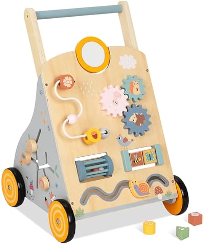 Wooden Baby Walker and Push Toy - Adjustable Height, Montessori Learning Activity Center for Boys and Girls, Toddler Push Walker and Development Toy for Kids 1-3 Years