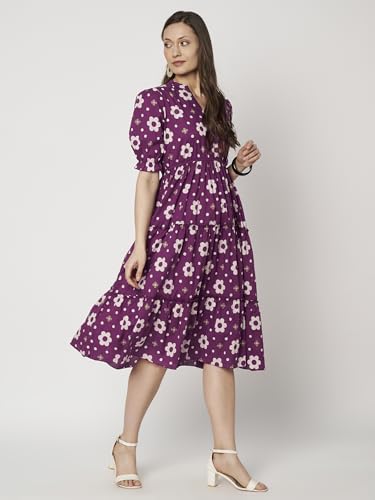 Image of Women's Floral Summer Maxi Dress I Cotton Printed I One Piece Bodycon Midi Dress with V-Neck, Puffed Sleeves