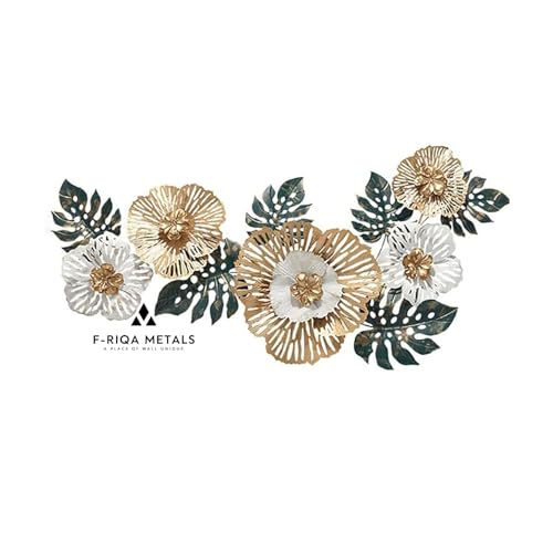 Image of F-RIQA METAL Modern Golden Floral Metal Wall Art for Living Room | Handcrafted 3D Iron Flower Wall Decor Metal Wall Art Leaf Design | Luxury Wall Hanging Decoration for Living Room, Bedroom, Hallway & Office 42x20 INCH (Americana)
