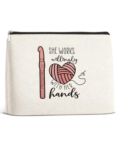 DCXFQWY Christian Crochet Gifts Makeup Bag for Women Crocheters, Knitting Gifts for Crochet Lovers Sister Mom, She Works Willingly With Her Hands Cosmetic Bag with Zipper
