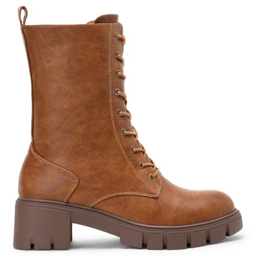 Image of Vepose Women's Mid Calf Combat Lace Up Chunky Platform Boots