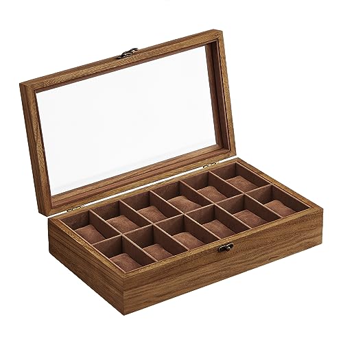 SONGMICS Caja para Relojes con 12 Compartimentos, Caja para Relojes de Madera Maciza, con Tapa de Cristal, Cojín para Relojes, Regalo para queridos, Color Nogal JOW120K01