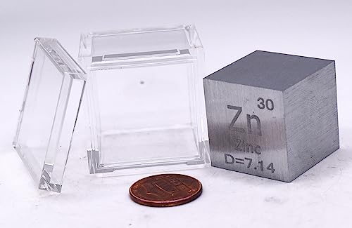 Image of 1 inch 25.4mm Zinc Metal Cube Zn up to 99.9% Pure Periodic Table Element Engraved Density Collection Science Education Display Block Cube + Acrylic Case Box - 1PC