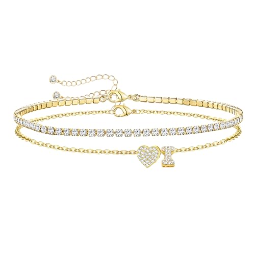 Image of Gold Initial Ankle Bracelets for Women 14K Gold Plated CZ heart Tennis Anklets for Women Waterproof Adjustable Initial Anklets Large Ankle Summer Beach Foot Jewelry