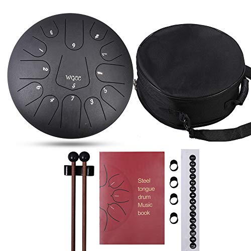 Steel tongue drum, WGCC 12 Inch 13 Notes Percussion Instrument Lotus Hand Pan Drum with Drum Mallets Carry Bag (Black)