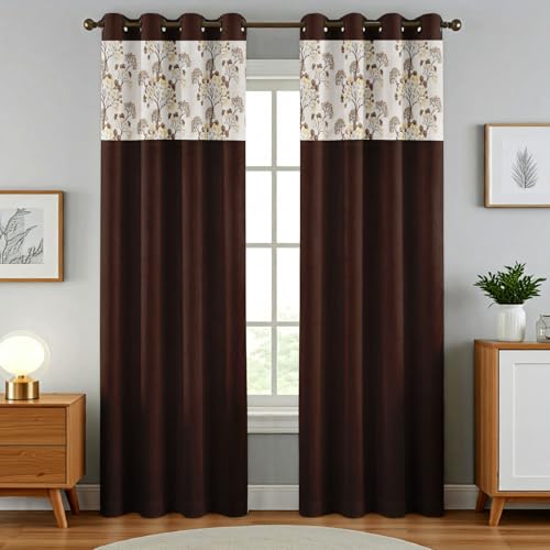 Jiyansh Decor Nexus Patch Floral Polyester Window Curtains 5 Feet Long Set of 2 | Grommet Room Darkening Drapes Curtains for Living Room Office & Home Decor (4 X 5 Feet) -Brown