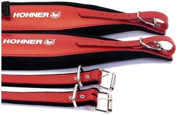 Hohner ACC21 Extra-Large Leather Accordion Strap with Back Strap - Red on Black