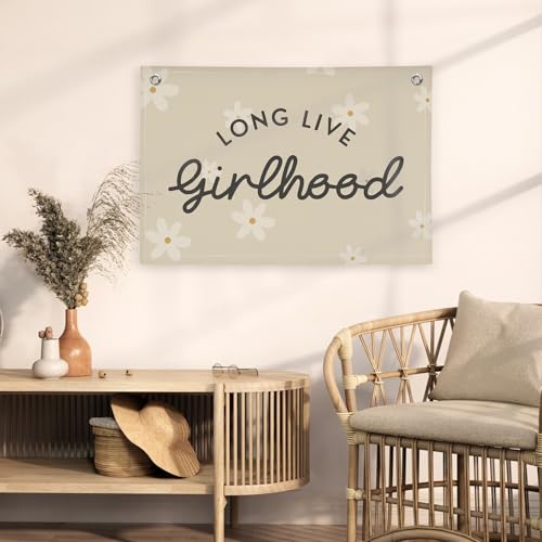 Image of Boho Girls Room Decor,Long Live Girlhood Linen Banner Hanging Flag Flower Daisy Banner for Nursery Playroom Wall Decor Kids Bedroom Dorm Toddler Decorations Trendy Room 30x20 girlroom
