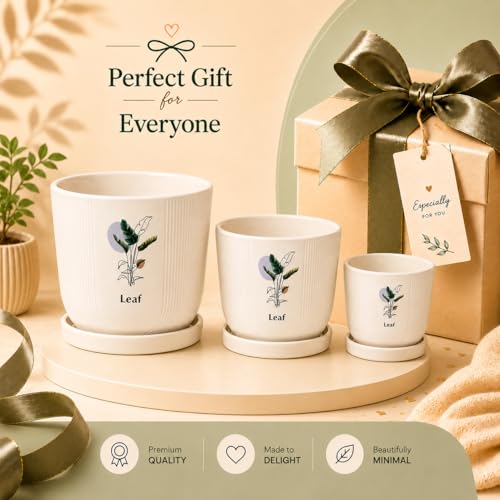 Image of Xtore Refreshing Botanical Ceramic Planter Set with Drainage Saucers | Decorative Planter Pots for Living Room & Modern Plant Display (Set of 3, Ivory Beige - Planters only)
