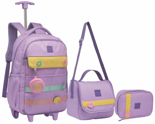 Kit Mochila Feminina De Rodinha Juvenil Escolar Com Chaveiro Abertura 180° (Lilás)