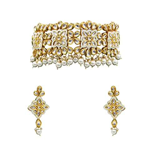 SAIYONI Wedding Collection Gold Plated Meenakri Kundan Stone Work Choker Necklac With Earring Jewellery Set