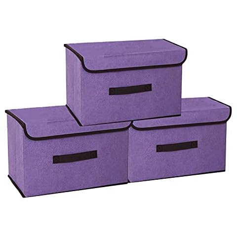 3 Pack Storage Boxes with Lids, Foldable Linen Fabric Storage Basket Bins, Clothes Storage Bags with Handles for Towels, Books, Toys, Clothes (Purple, 38x25x25cm) Cover