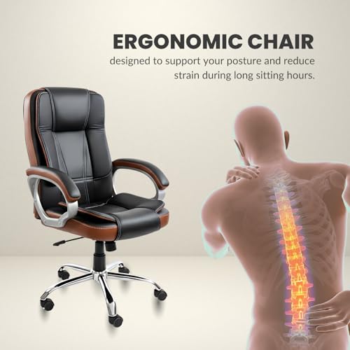 Image of activa Ergonomic Office Chair | Leatherette Seating Chair with Adjustable Height | 3-Year Warranty | 360 Revovling Chair| Comfortable Padded Seating /Suitable for Office /Study (Venture, Black & Tan)