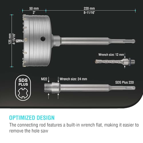 Image of BINOTA 125 mm (4-15 /16 inch) Concrete Hole Saw with SDS-Plus Shank | Tungsten carbide drill bit; SDS-Plus shank (220 mm); Cross-type center drill; Dry drilling for concrete /brick /stone /masonry