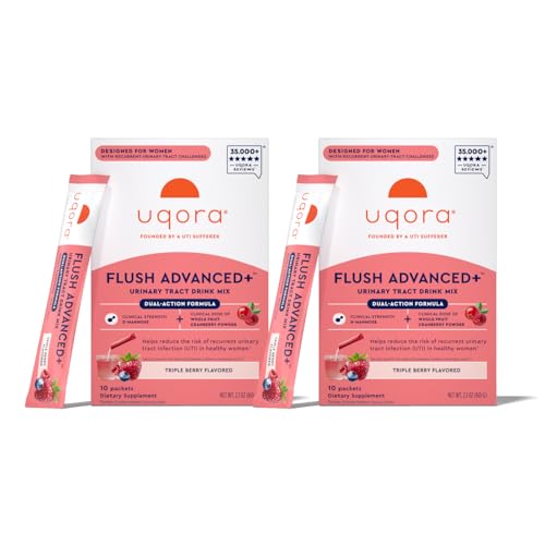 Uqora Flush Advanced+ - Helps Reduce Risk of Recurrent UTI** - with Cranberry D-Mannose Vitamin C Vitamin B6 & Potassium - Gluten-Free & Vegan - Triple Berry Flavor - 20 Packets Total (2 Pack)