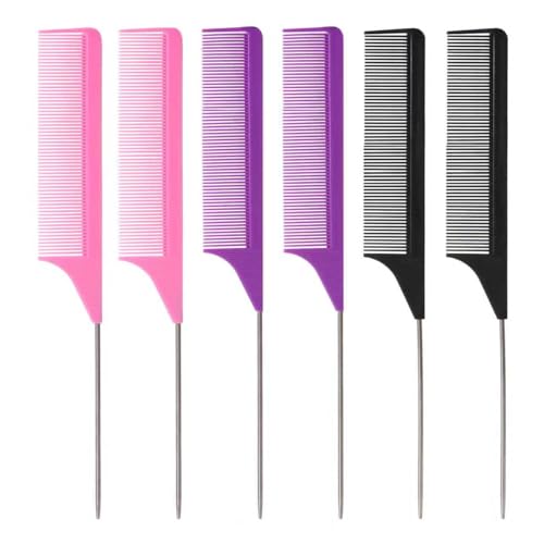 Hroevc 6PCS Rat Tail Combs Set Parting Fine Tooth Combs with Metal Pick for Braiding Hair Women/Men Highlighting and Parting(Purple Black Pink)