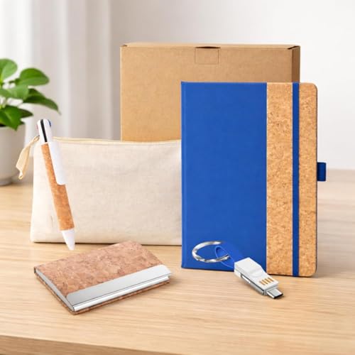 Image of 4 in 1 Diary Gift Set | A5 Cork Notebook | Stainless Steel Visiting Card Holder | 3-in-1 Charging Cable | Cork Pen & Canvas Pouch | Premium Eco-Friendly Gift Set for Professionals & Corporate Gifting | Gift Set for Men and Women