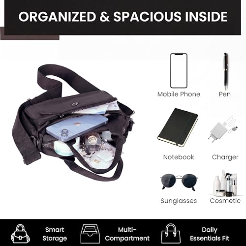 Image of TS WITH TECHSUN Small Women Crossbody Sling Bag Handbag for Travel Office Use, Water Resistant Nylon Shoulder Purse, Adjustable Strap Multipocket Organizer (25(L) X 19(H) X 9(W) CM)
