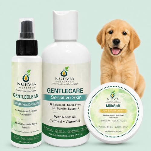 Image of Puppy Starter Kit by Nurvia Petcare | Oatmeal Puppy Shampoo + Waterless Dry Bath + Goat Milk Paw Balm | Hypoallergenic pH Balanced Sulphate-Free | 3-Step Gentle Grooming for Puppies 8 Weeks+