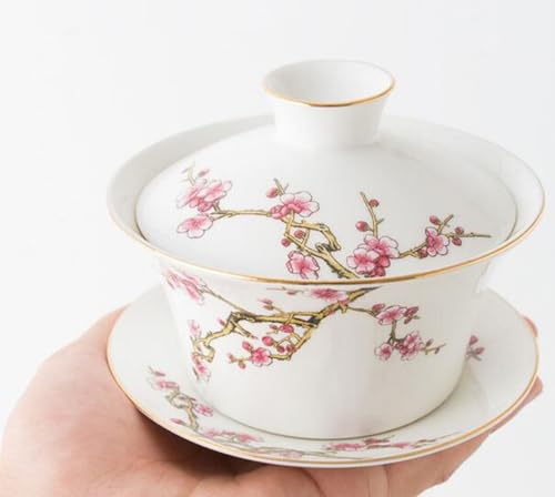 Image of YBK Tech 10oz Large Gaiwan, Porcelain Kung Fu Tea Cup and Saucer with Lid, Chinese Traditional Gaiwan, Sancai Tea Bowl - Embossed Plum Patterns (White)