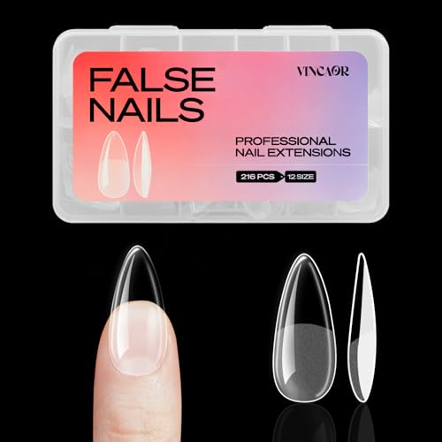 Almond Fake Nail Tips - 216Pcs Pre-Shaped Almond Gelly Tips for Full Cover Acrylic Nail Extensions, French Style, 12 Sizes - Perfect for DIY Salon or Professional Use