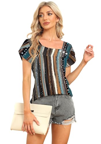 Image of Womens Petal Sleeve Tops Summer Trendy T Shirt Casual Loose Square Neck Button Blouse Tees