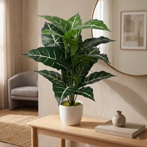 Image of Dekorly Artificial African Mask Plant Tree with White Pot 26 Inches | 66CM- Realistic Faux Leaf Plant for Home Decor, Bedroom, Living Room & Office (Mask Plant | White Pot, Pack of One)